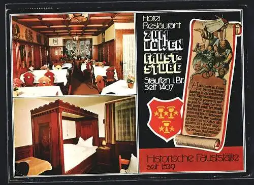 AK Staufen i. Br., Hotel-Restaurant zum Löwen-Fauststube, Wappen. Dr. Faustus und Mephistopheles