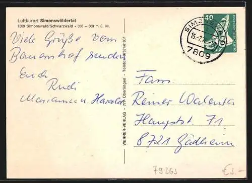 AK Simonswald, Ortsansicht mit Freibad aus der Vogelschau