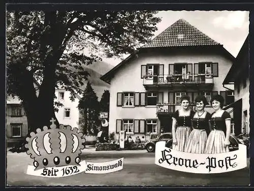 AK Altsimonswald /Schwarzwald, Gasthof-Pension Krone-Post J. Burger, Wappen, Schwarzwaldmädel