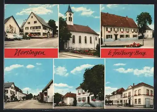 AK Norsingen, Kirche, Rathaus, Gasthaus Bären, Strassenpartie