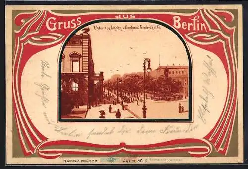 Passepartout-Lithographie Berlin, Unter den Linden und Denkmal Friedrich der Grosse