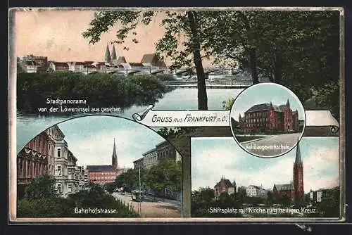 AK Frankfurt a. O., Kgl. Baugewerkschule, Stiftsplatz mit Kirche zum heiligen Kreuz, Bahnhofstrasse mit Strassenbahn