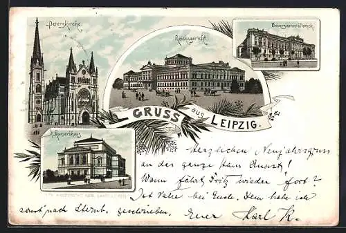 Vorläufer-Lithographie Leipzig, 1895, Reichsgericht, Konzerthaus, Peterskirche