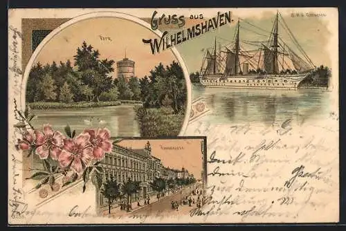 Lithographie Wilhelmshaven, Kriegsschiff SMS Gneisenau, Roonstrasse, Park