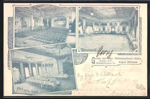 AK Berlin-Moabit, Gasthaus Hohenzollern-Säle, Bandelstr. 35, Innenansichten Theatersaal, Tanzsaal und Hochzeits-Saal