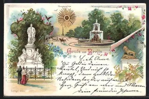 Lithographie Berlin-Tiergarten, Goethedenkmal, Siegesallee, Wrangelbrunnen, Löwengruppe
