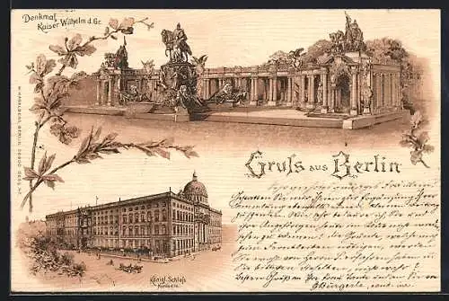 Lithographie Berlin, Denkmal Kaiser Wilhelm d. Gr., Königliches Schloss, Nordseite