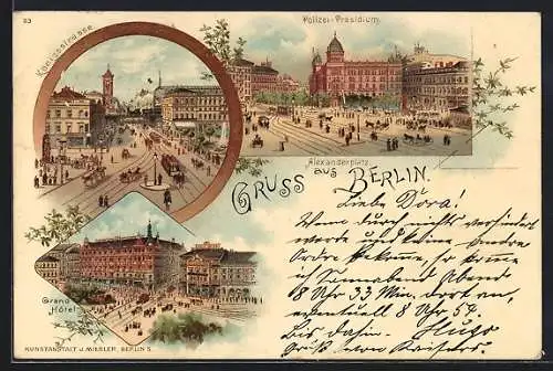 Lithographie Berlin, Alexanderplatz, Polizei-Präsidium, Königstrasse, Grand Hotel, Strassenbahnen
