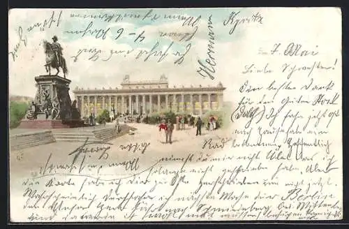 Lithographie Berlin, Lustgarten-Museum mit Friedrich Wilhelm III.-Denkmal