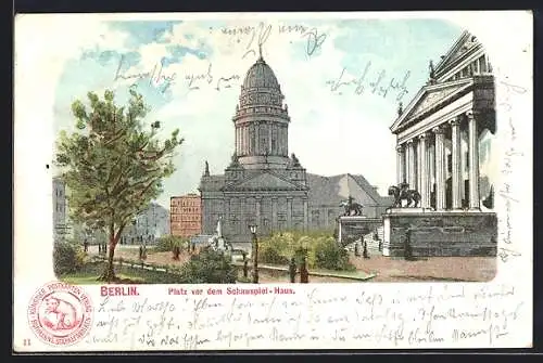 Lithographie Berlin, Platz vor dem Schauspielhaus, Hoffmann`s Stärkefabriken, Medikament