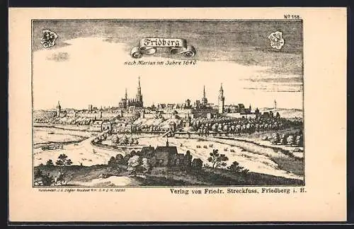 AK Friedberg i. H., Teilansicht mit Kirche nach Merian 1640