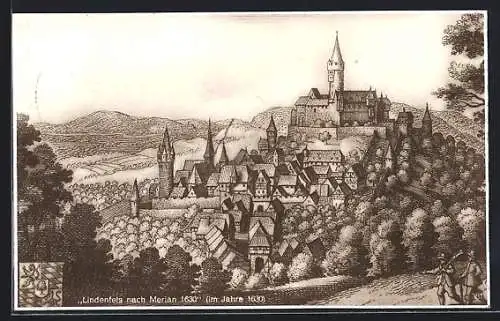 Künstler-AK Lindenfels, Teilansicht mit Burg nach Merian 1630, Wappen