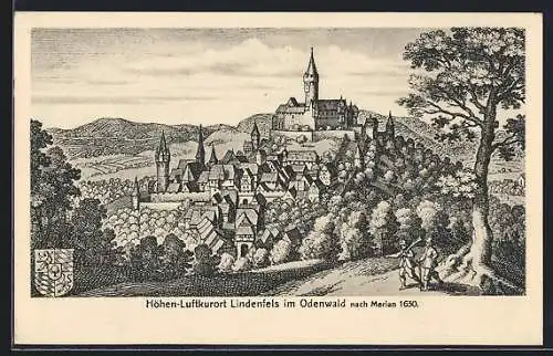 AK Lindenfels, Ansicht der Stadt im Jahre 1630 nach Merian, Wappen