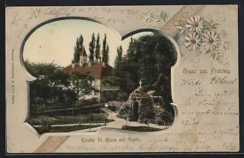 AK Freising, Kloster St. Klara mit Grotte, Gänseblumen, Passepartout