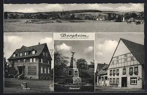 AK Bergheim / Westf., Schule, Ehrenmal, Gasthof Mönikes und Ortspanorama