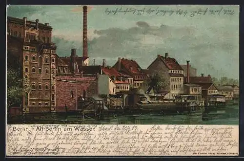 Lithographie Alt-Berlin, Häuser am Wasser in Alt-Berlin