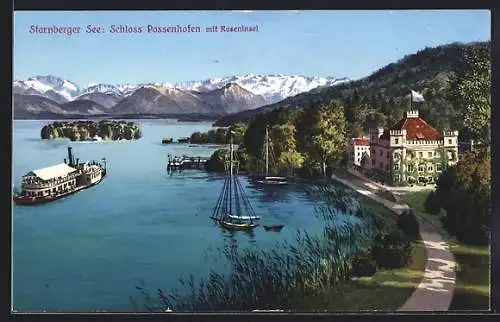 Künstler-AK Starnberg, Starnberger See, Schloss Possenhofen mit Roseninsel, Benediktenwand, Glaswand und Rabenkopf