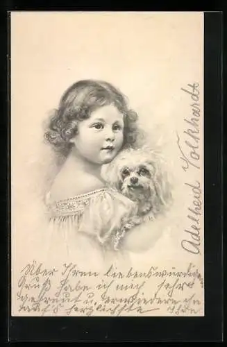 Künstler-AK M.Munk Nr.85: Mädchen mit einem Hund auf dem Arm