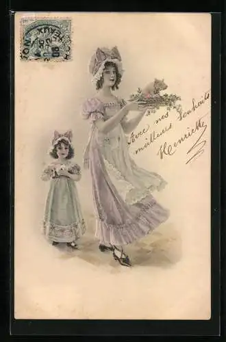 Künstler-AK M. Munk Nr. 194: Fraulein mit Ferkel und Mädchen