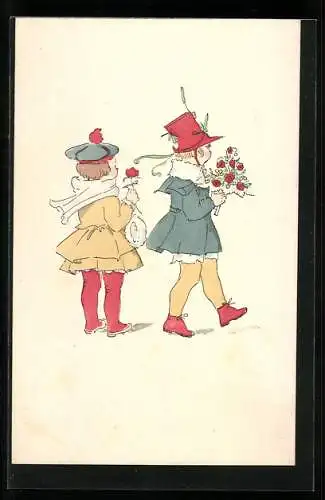 Künstler-AK M. Munk Nr. 1246: Kleine Gratulantinnen mit Blumensträussen
