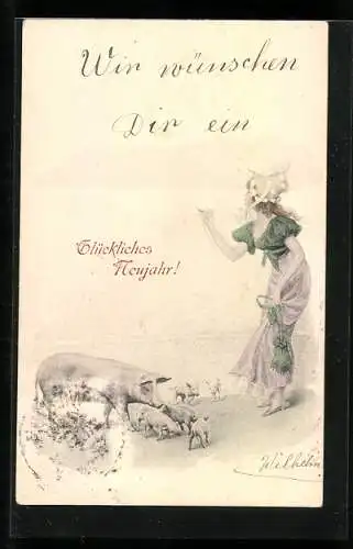 Künstler-AK M. Munk: Fraulein und Sau mit Ferkeln, Neujahrsgruss