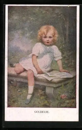 Künstler-AK Edouard Cabane: Goldelse, Blondes Mädchen liest auf der Steinbank