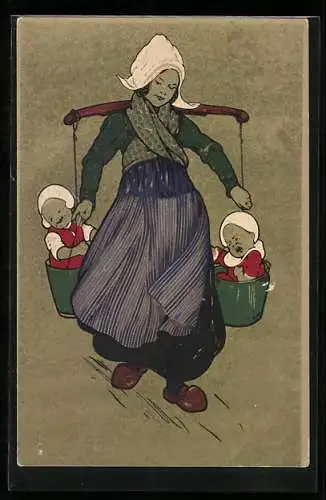 Künstler-AK M. Munk Nr. 139: Holländerin trägt zwei Kinder in Eimern