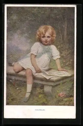 Künstler-AK Edouard Cabane: Goldelse, Blondes Mädchen liest auf der Steinbank