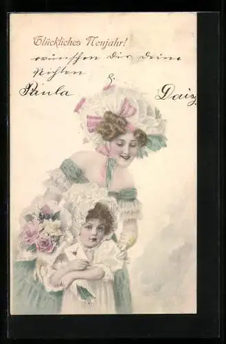 Künstler-AK M. Munk: Junge Frau mit einem Kind, Neujahrsgruss