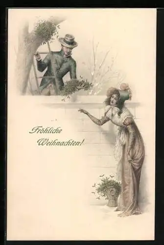 Künstler-AK M. Munk Nr. 70: Herr auf Leiter und Frau an Mauer, Weihnachtsgruss