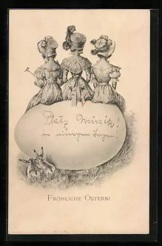 Künstler-AK M. Munk: Rückenansicht von drei Frauen auf einem Ei, Ostergruss