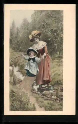 Künstler-AK M. Munk Nr. 295: Mutter hilft ihrer Tochter auf einem Baumstamm über den Bach