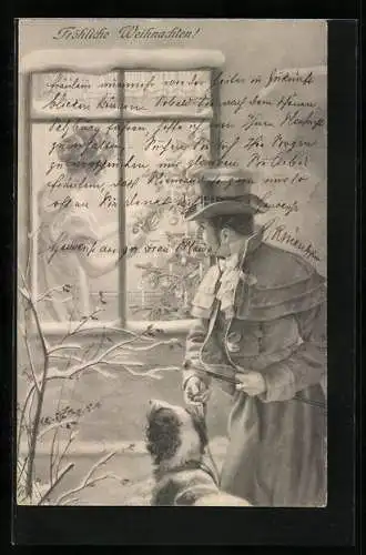 AK Mann beobachtet von aussen wie seine Frau den Baum schmückt