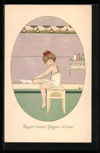 Künstler-AK M. Munk Nr. 905: Rasch! meine Puppen warten., Mädchen beim Ankleiden