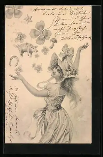 Künstler-AK M.Munk: junge Frau im Kleid mit Hut, mit Glücksbringern