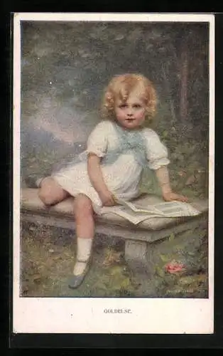 Künstler-AK Edouard Cabane: Goldelse, Blondes Mädchen liest auf der Steinbank
