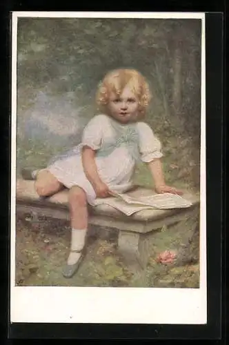 Künstler-AK Edouard Cabane: Goldelse, Blondes Mädchen liest auf der Steinbank