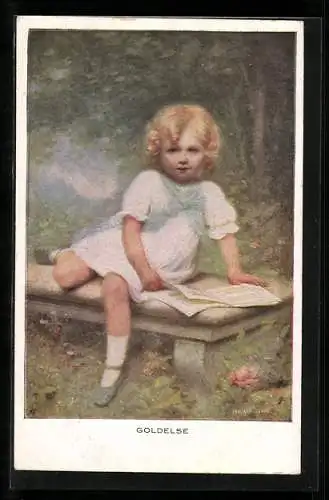 Künstler-AK Edouard Cabane: Goldelse, Blondes Mädchen liest auf der Steinbank