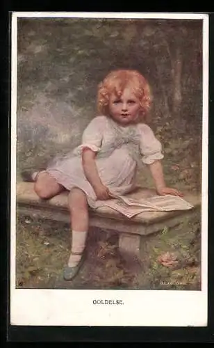 Künstler-AK Edouard Cabane: Goldelse, Blondes Mädchen liest auf der Steinbank