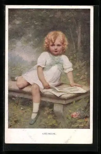 Künstler-AK Edouard Cabane: Goldelse, Blondes Mädchen liest auf der Steinbank