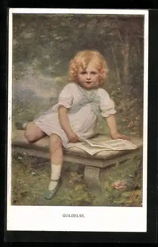 Künstler-AK Edouard Cabane: Goldelse, Blondes Mädchen liest auf der Steinbank