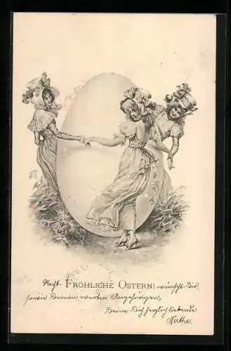 Künstler-AK M. Munk Nr. : Drei junge Damen tanzen Hand in Hand um ein Ei in menschlicher Grösse