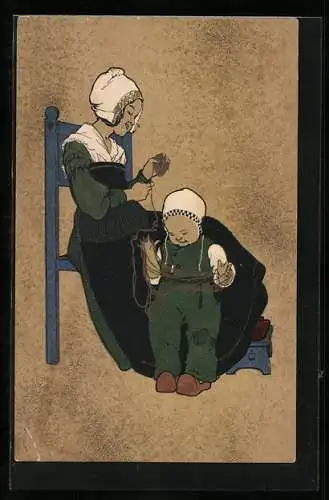 AK Kleinkind hilft der Mutter mit der Wolle