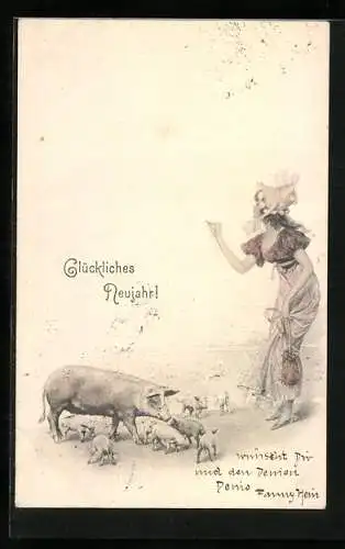 Künstler-AK M. Munk: Fraulein und Sau mit Ferkeln, Neujahrsgruss