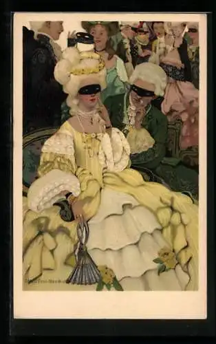 Künstler-AK sign. Ethel Franklin Betts: Paar mit Masken auf einem Kostümball