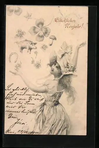 Künstler-AK M. Munk: Fräulein mit Ferkel, Hufeisen und Kleeblättern, Neujahrsgruss