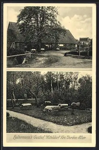AK Mitteldorf /Kr. Verden a. d. Aller, Haltermanns Gasthof mit Einfahrt und Gartenpartie