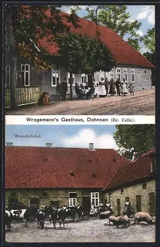 AK Dohnsen /Kr. Celle, Wrogemanns Gasthaus mit kleiner Versammlung und Wirtschaftshof, Kühe, Schweine