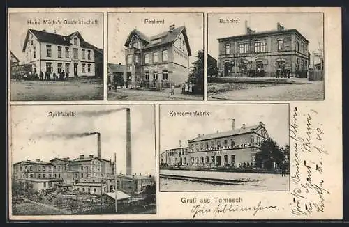 AK Tornesch, Gasthaus Hans Mölln, Bahnhof, Konserven- und Spritfabrik