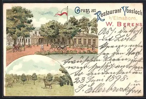 Lithographie Vossloch /Elmshorn, Restaurant Vossloch W. Berens, Partie mit Hirsch